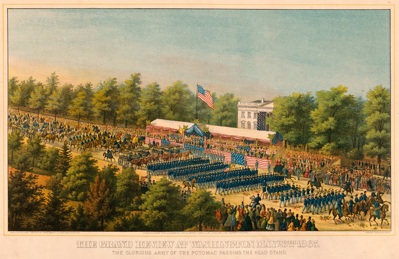 Colored illustration of orderly lines of United States soldiers, on foot and on horseback passing a crown with American flags lining the walkways.