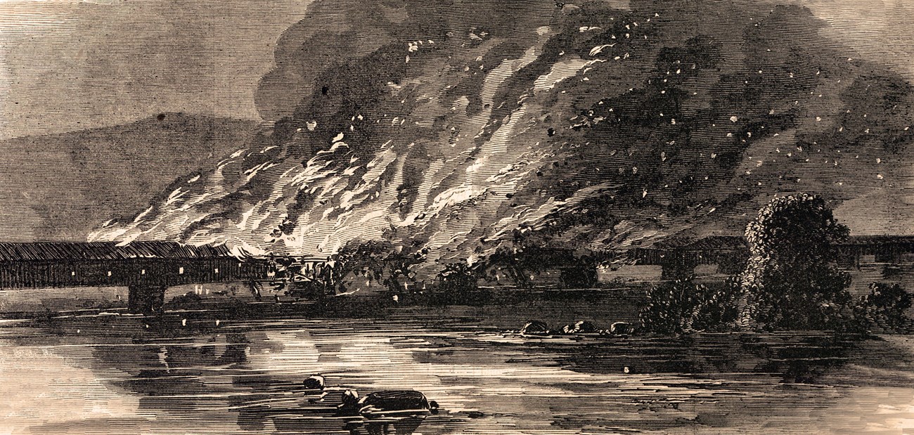 sketch of Wrightsville Bridge on fire