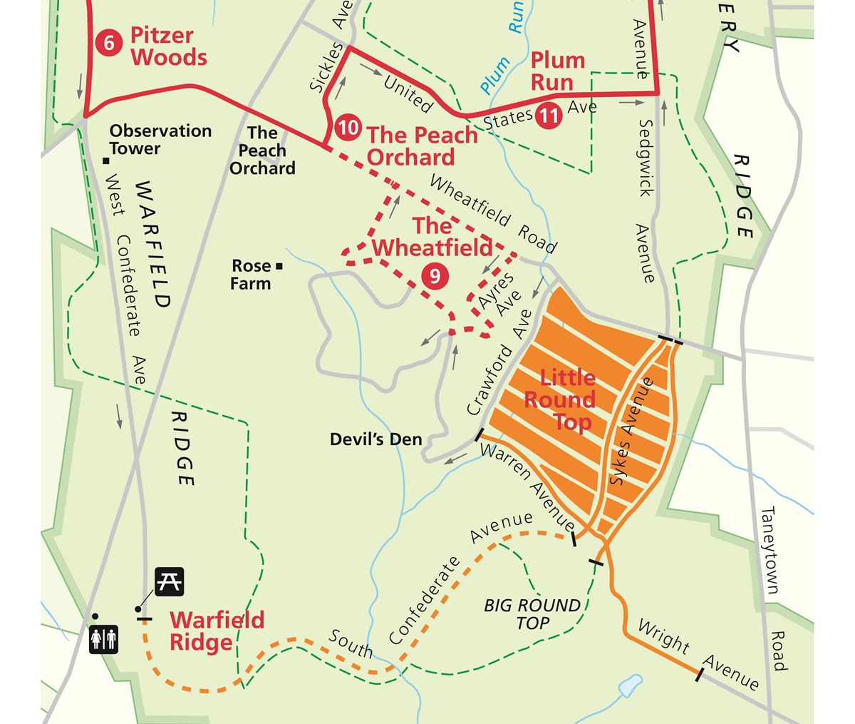 A map of Gettysburg National Military Park Auto Tour with closed area around Little Round Top in red and orange.