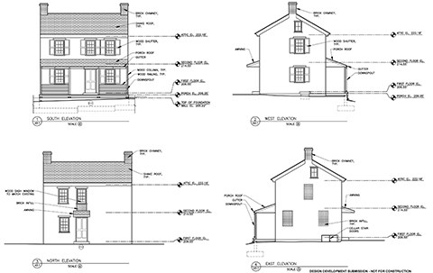 Black and white construction drawings of the Wisler house from the north, south, east, and west elevations.