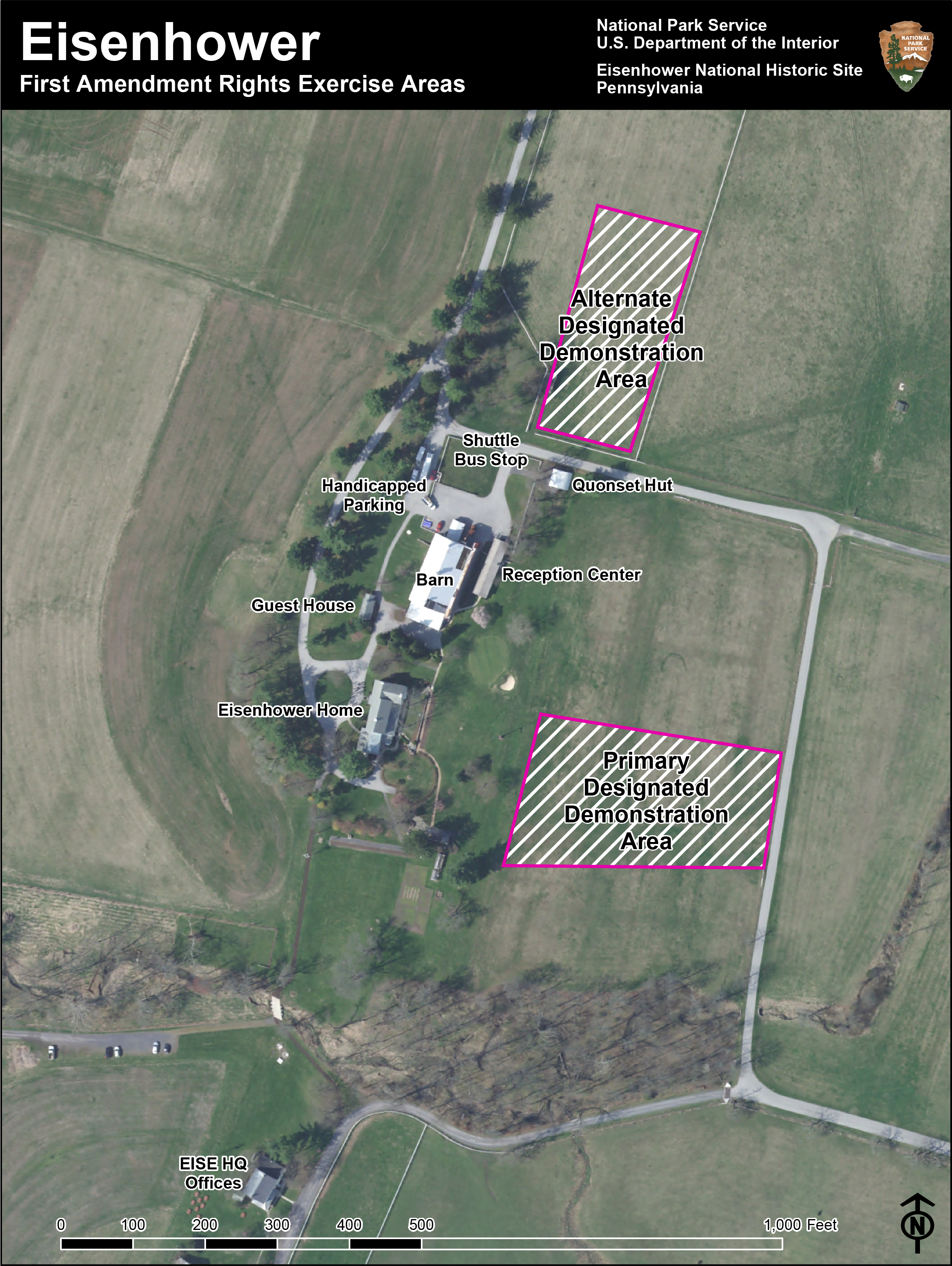 An overhead map of the Eisenhower National Historic Site. A house and barn are in the middle of various fields, paths, and roadways along with two pink and white striped boxes showing First Amendment demonstation areas.