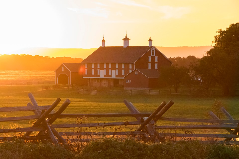 The red Codori barn is seen in front of a bright yellow sunset. The red Codori barn is seen in front of a bright yellow sunset.