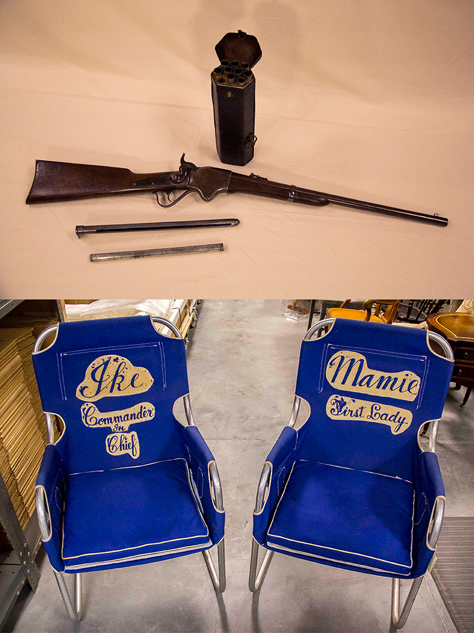 A Civil War era repeating rifle and Ike and Mamie Eisenhower's folding chairs. A Civil War era repeating rifle and Ike and Mamie Eisenhower's folding chairs.
