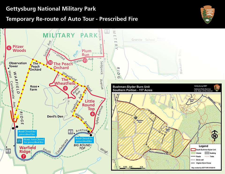 Re-route of auto tour and prescribed fire area. Aerial map of the prescribed fire area at the south end of the battlefield and the auto tour re-route map.