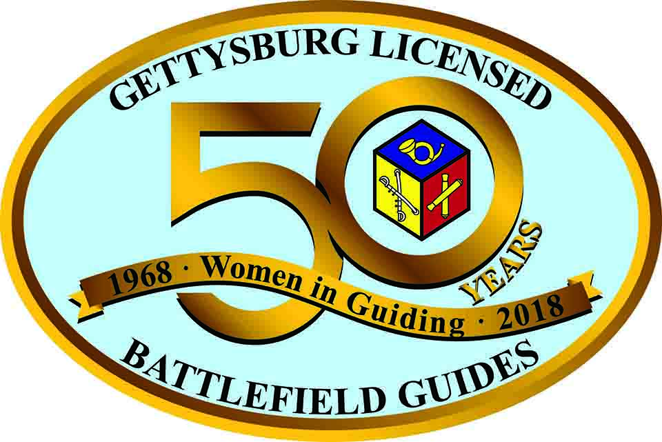 Logo - 50 Years of Women in Guiding Oval logo with gold edge and blue background. Across the top is Gettysburg Licensed. Across the bottom is Battlefield Guides. In the center is 50 Year Women in Guiding 1968 - 2018.