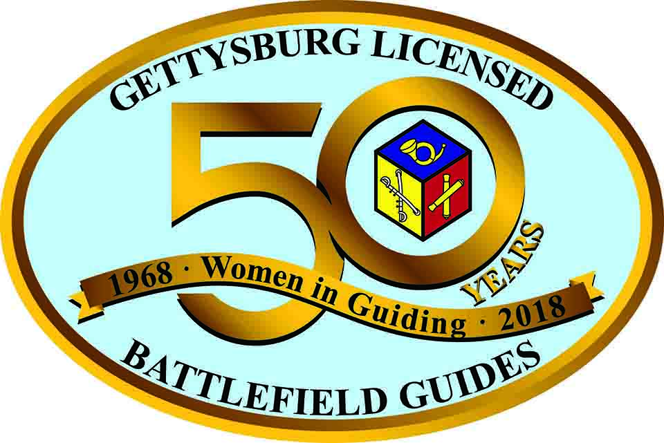 Oval logo with gold edge and blue background. Across the top is Gettysburg Licensed. Across the bottom is Battlefield Guides. In the center is 50 Year Women in Guiding 1968 - 2018.