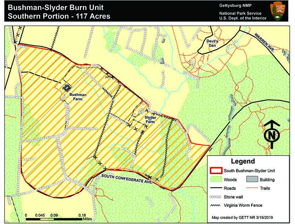 Map of the Bushman Slyder prescribed fire area on the south end of the battlefield. Map of the Bushman Slyder prescribed fire area on the south end of the battlefield.