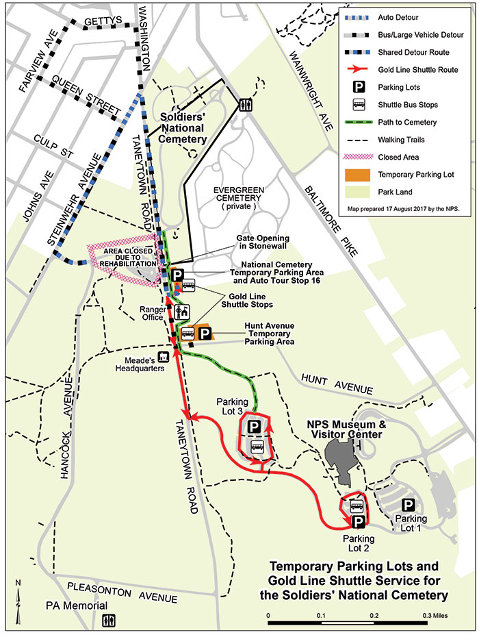 A map showing the National Cemetery closure area, detours, and temporary parking.