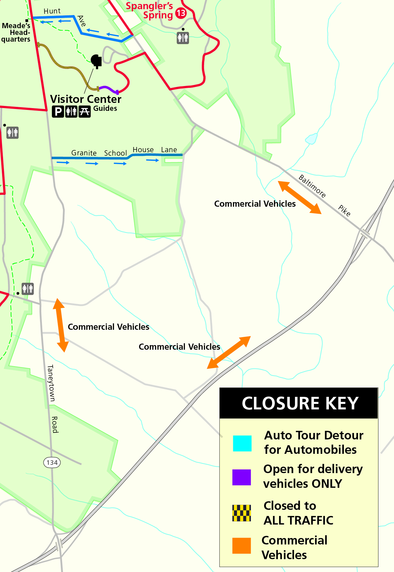 Road Closures and Detour Map for Museum and Visitor Center Road Closure. A color map depicting closed roads and detour routes around the closed road areas.