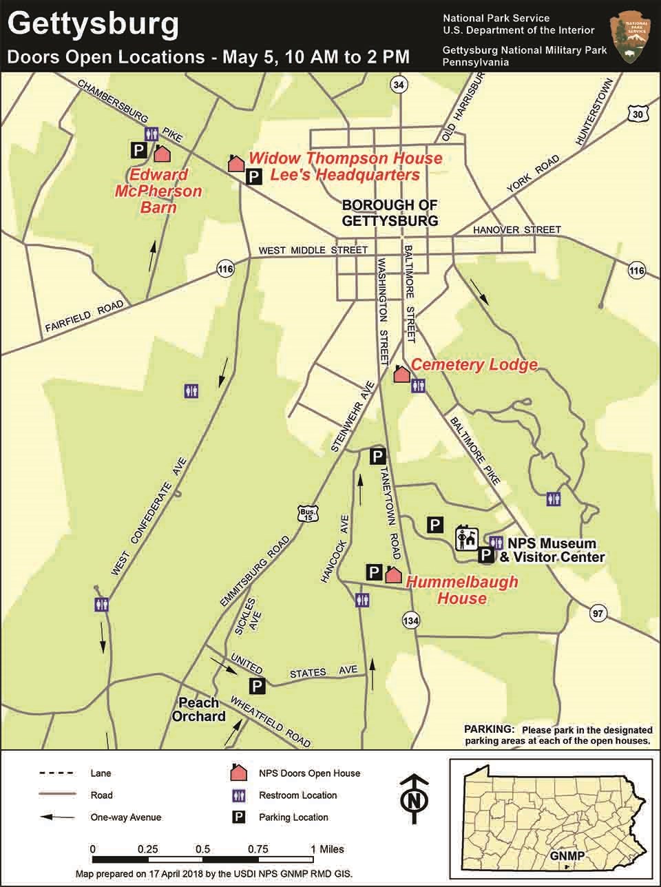 A map of Gettysburg showing the locations of the four Doors Open locations.