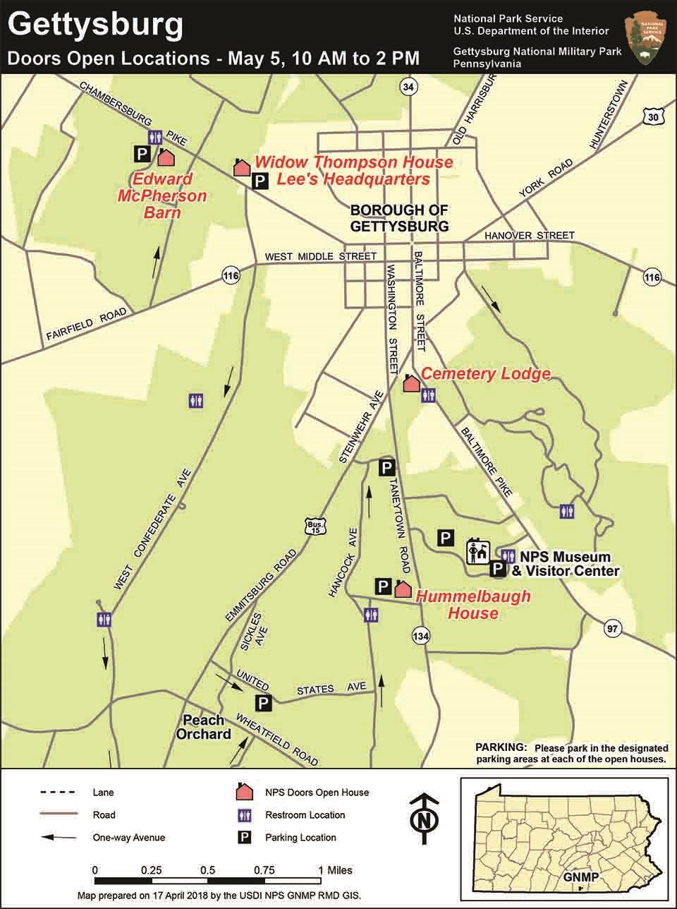 Doors Open 2018 map A map of Gettysburg showing the locations of the four Doors Open locations.