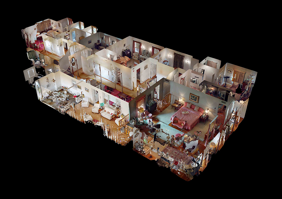 A 3D cut away view of the interior of the Eisenhower home. It is set against a black background.