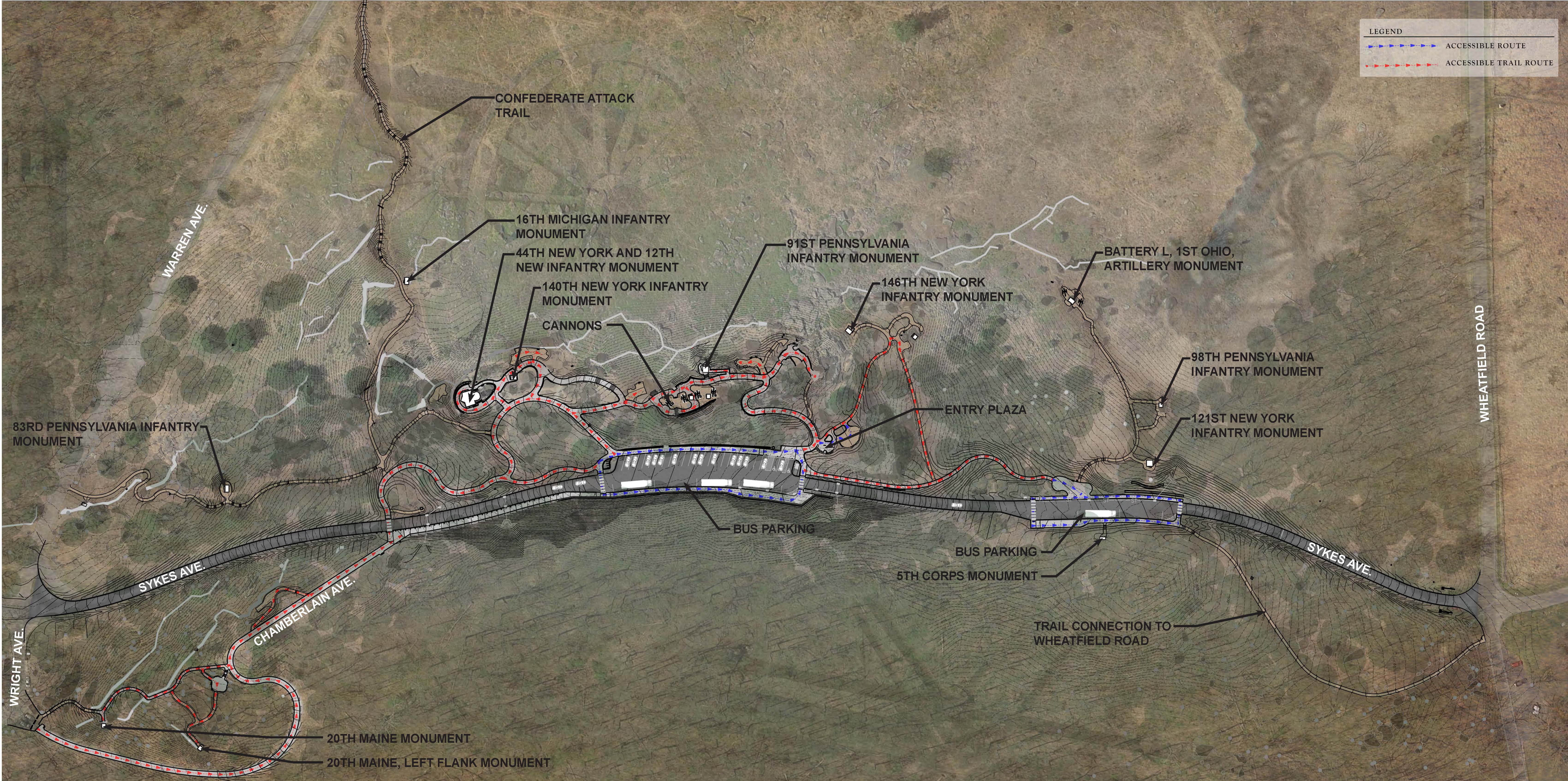 An artistic rendition of the Little Round Top rehabilitation project. Roads and trails are shown in grey, vehicles and monuments are shown in white, and trees are shown in green.