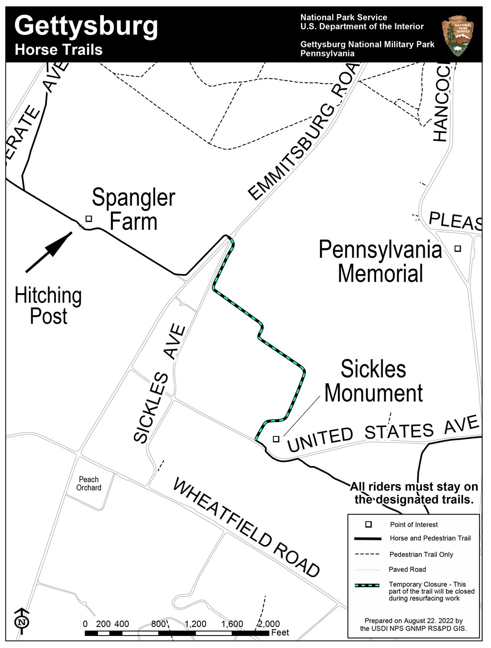 Temporary horse trail closure map. A black and white map that shows the horse trails on the Gettysburg battlefield. There is a blue and black dashed line on a section of trail in the middle of the page that represents a section that is temporarily closed for work.