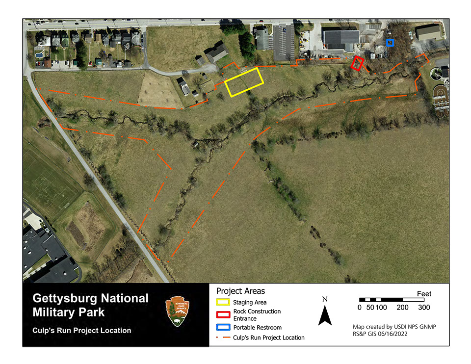 Culp Run Project Area. An aerial color map showing a green grass and tree covered area. There are red dashed lines surrounding parts of the middle section with smaller yellow, red, and blue boxes near the top edge. Along the bottom is a legend for the project area.