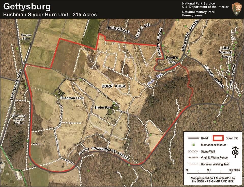 This map shows the 215 acre burn area on the southern part of the battlefield planned for Spring 2018.