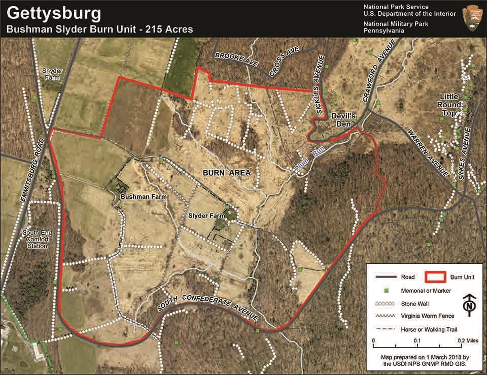 This map shows the 215 acre burn area on the southern part of the battlefield planned for Spring 2018. This map shows the 215 acre burn area on the southern part of the battlefield planned for Spring 2018.