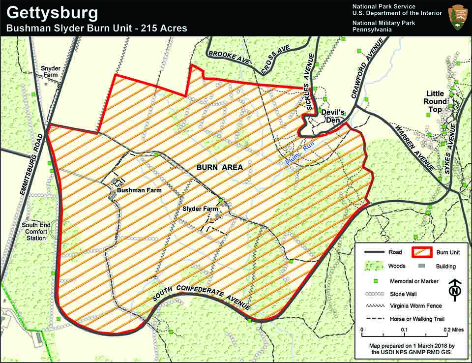 This map shows the 215 acre burn area on the southern part of the battlefield planned for Spring 2018.