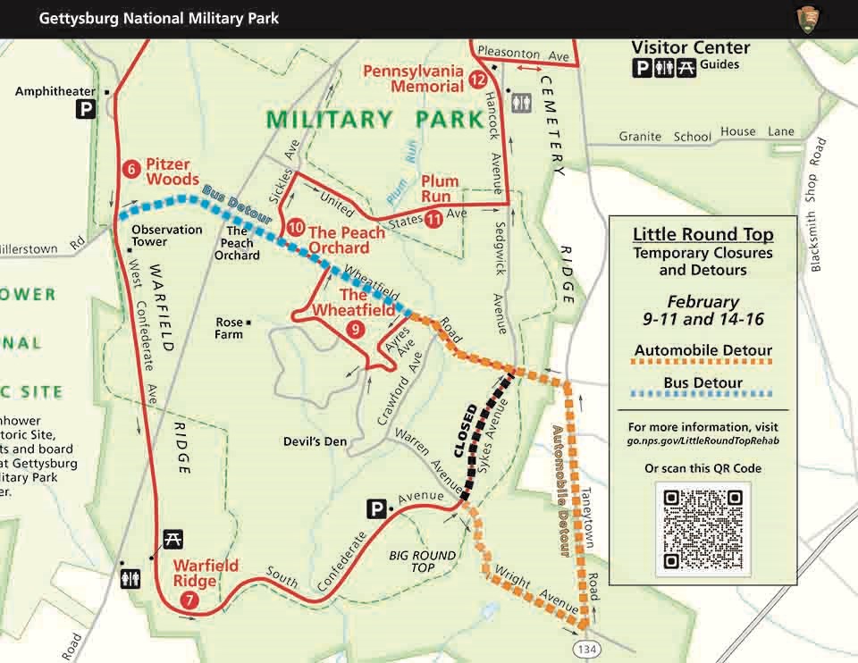 Little Round Top temporary closures and detours. A color map showing a main auto tour route in red, a dashed blue line for a bus detour, and an orange dashed line for the automobile detour.