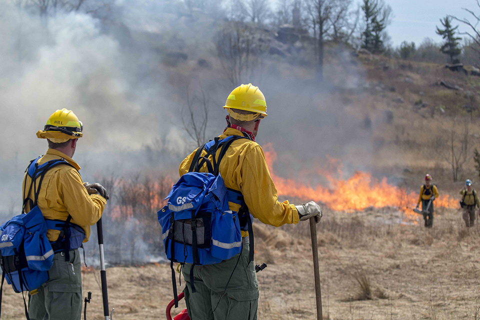 Little Round Top prescribed fire - April 2017. Two wildland firefighters, dressed in long sleeve yellow shirts, yellow hard hats, green pants, and blue back packs, watch over a prescribed fire as it slowly moves from left to right through a yellow matted grass field.