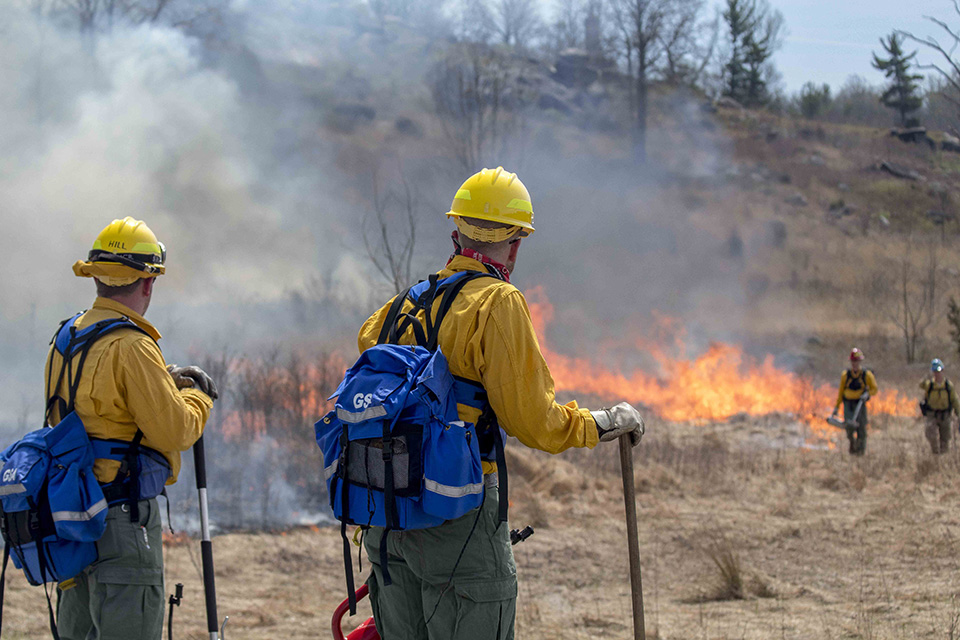 Two wildland firefighters, dressed in long sleeve yellow shirts, yellow hard hats, green pants, and blue back packs, watch over a prescribed fire as it slowly moves from left to right through a yellow matted grass field.