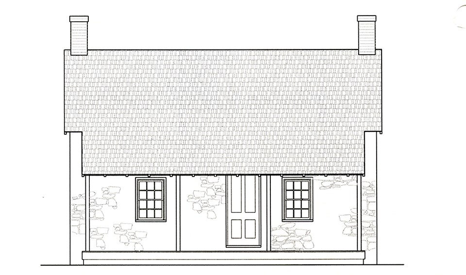Schematic drawing illustrates how the east elevation of the Warfield farmhouse may have looked at the time of the battle. The roof slope extended past the stone walls at the east side to form a porch. Schematic drawing illustrates how the east elevation of the Warfield farmhouse may have looked at the time of the battle. The roof slope extended past the stone walls at the east side to form a porch.