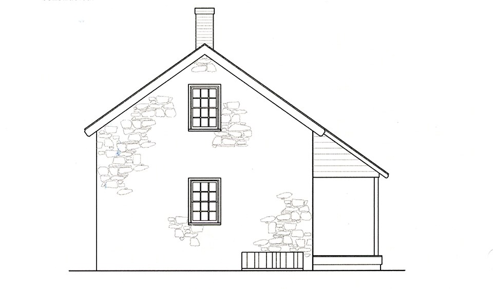 Schematic drawing illustrates how the south elevation of the Warfield farmhouse may have looked at the time of the battle. The roof slope extended past the stone walls at the east side to form a porch. Schematic drawing illustrates how the south elevation of the Warfield farmhouse may have looked at the time of the battle. The roof slope extended past the stone walls at the east side to form a porch.