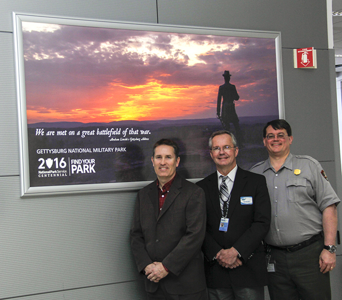 From left, Scott Miller, Deputy Director of Public Relations, Harrisburg International Airport; Timothy Edwards, Executive Director, Harrisburg International Airport; and Ed W. Clark, Superintendent of Gettysburg National Military Park and Eisenhower Nati