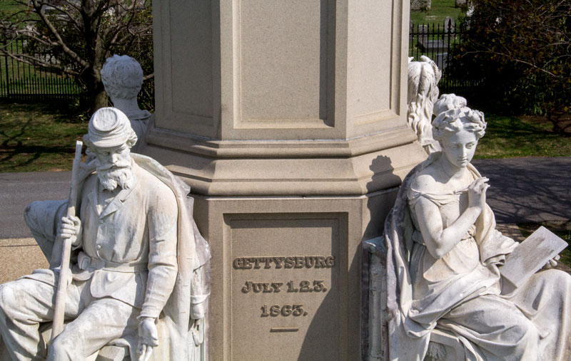 Four statues surround the base of the Soldiers' National Monument.