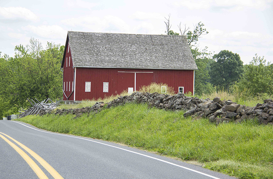 Stone walls along Taneytown Road at the Frey farm. A large red barn sits along the edge of a road, a stone wall runs along the road and a row of trees is behind the barn.