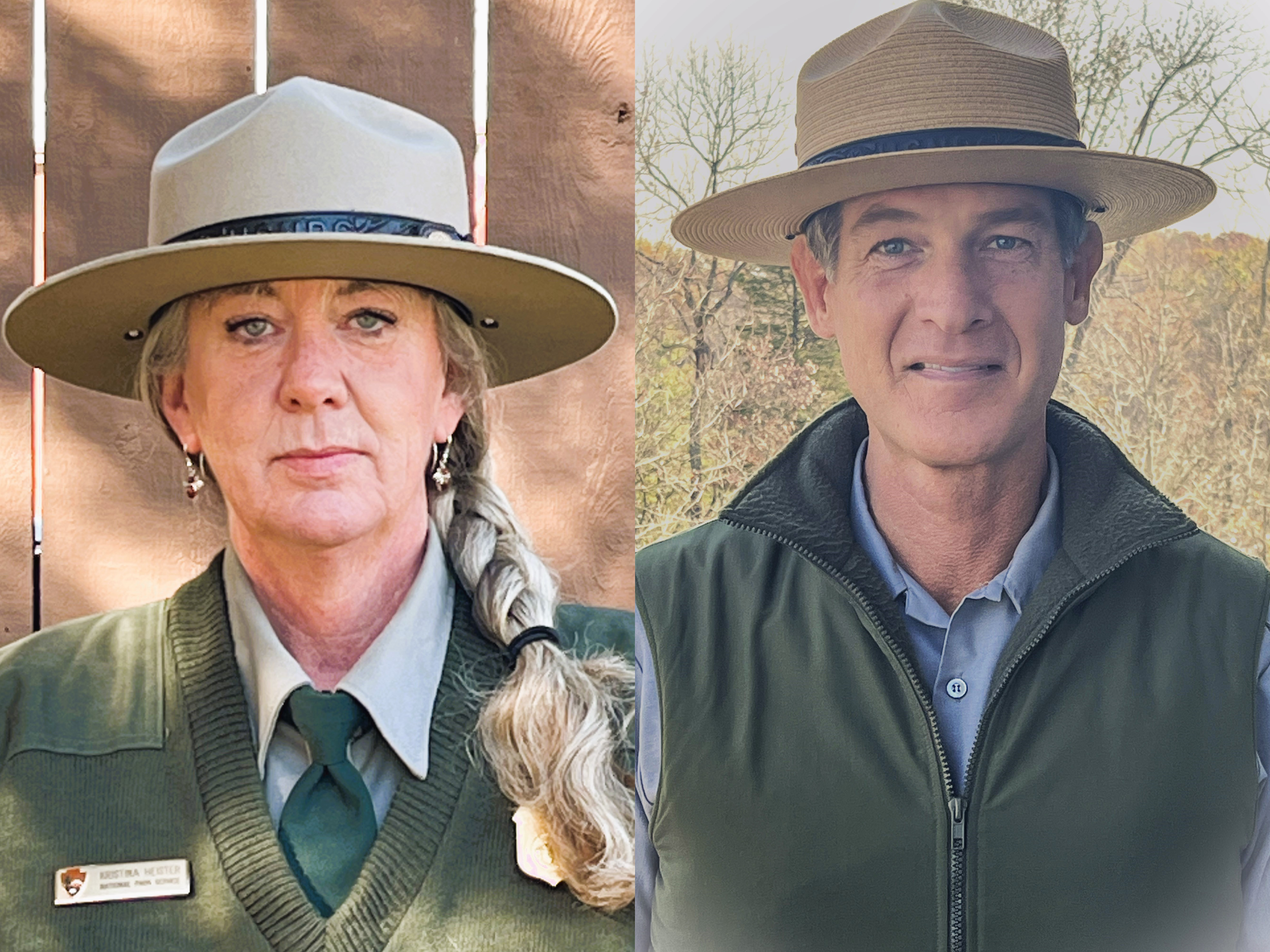 Acting Superintendent Kristina Heister (left) and Acting Deputy Superintendent Zach Bolitho (right). A photo of a female National Park Service employee is on the left and a male National Park Service employee is on the right. Both are wearing tan, flat rimmed trooper hats and green sweaters.