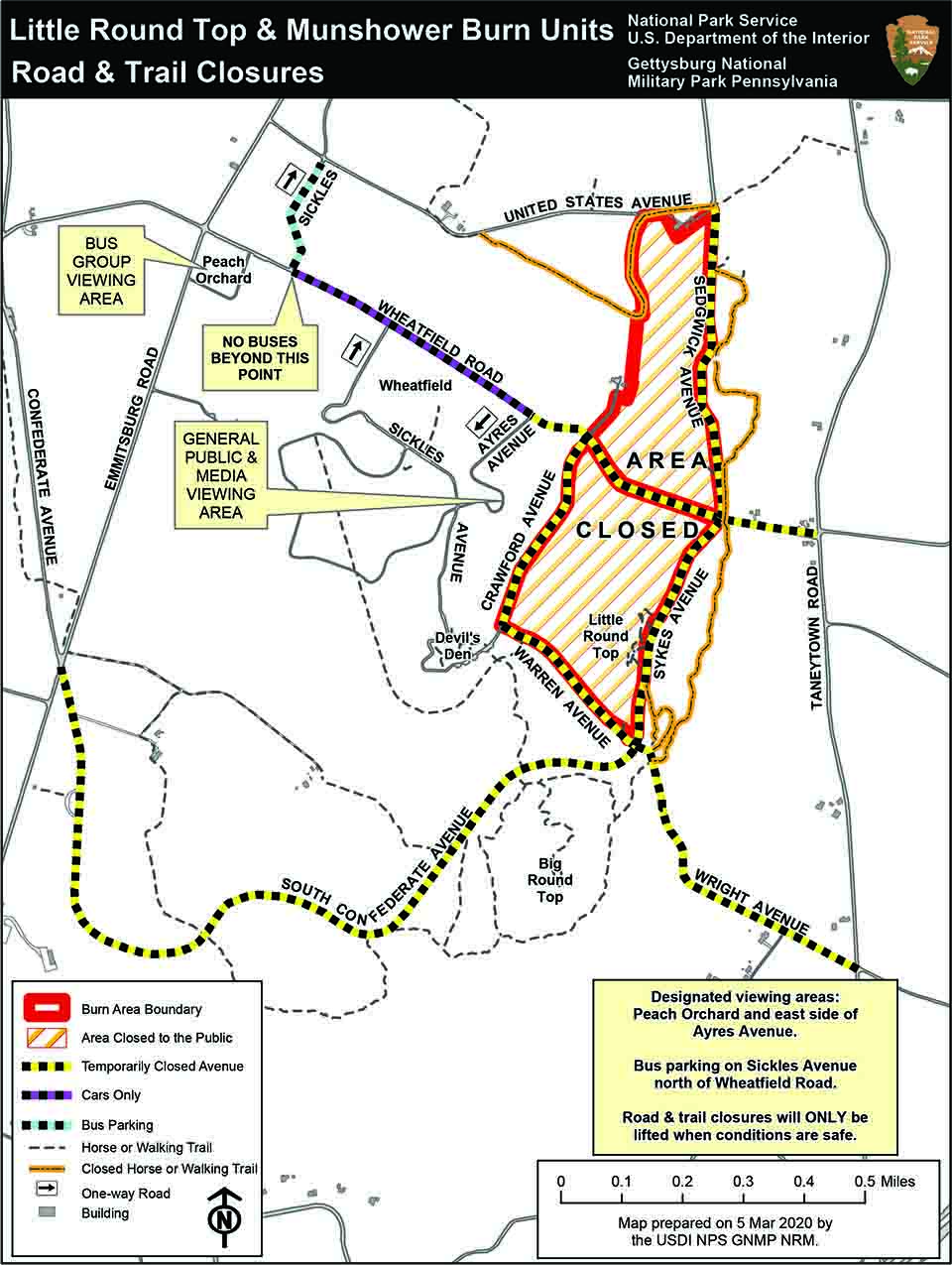 Map showing Little Round Top and Munshower field prescribed fire areas, closed roads, and public viewing areas.
