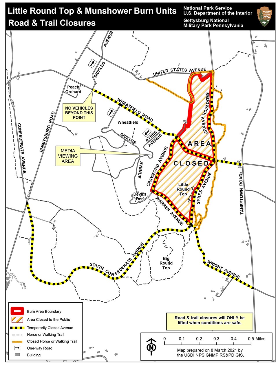A map shows areas that are closed and road closures due to a scheduled prescribed fire.