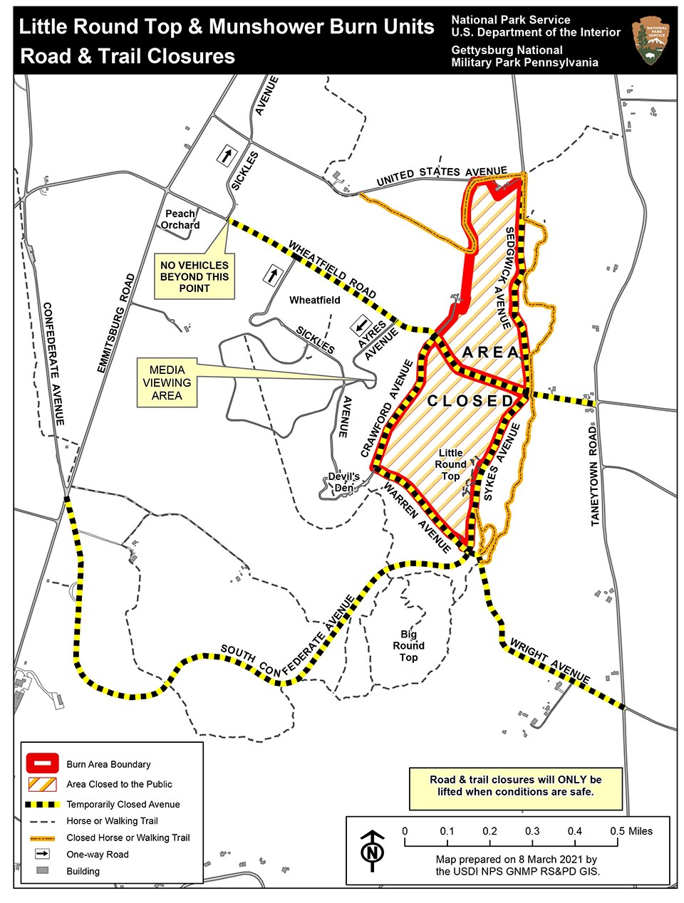 Little Round Top & Munshower Field Road & Trail closures map A map shows areas that are closed and road closures due to a scheduled prescribed fire.