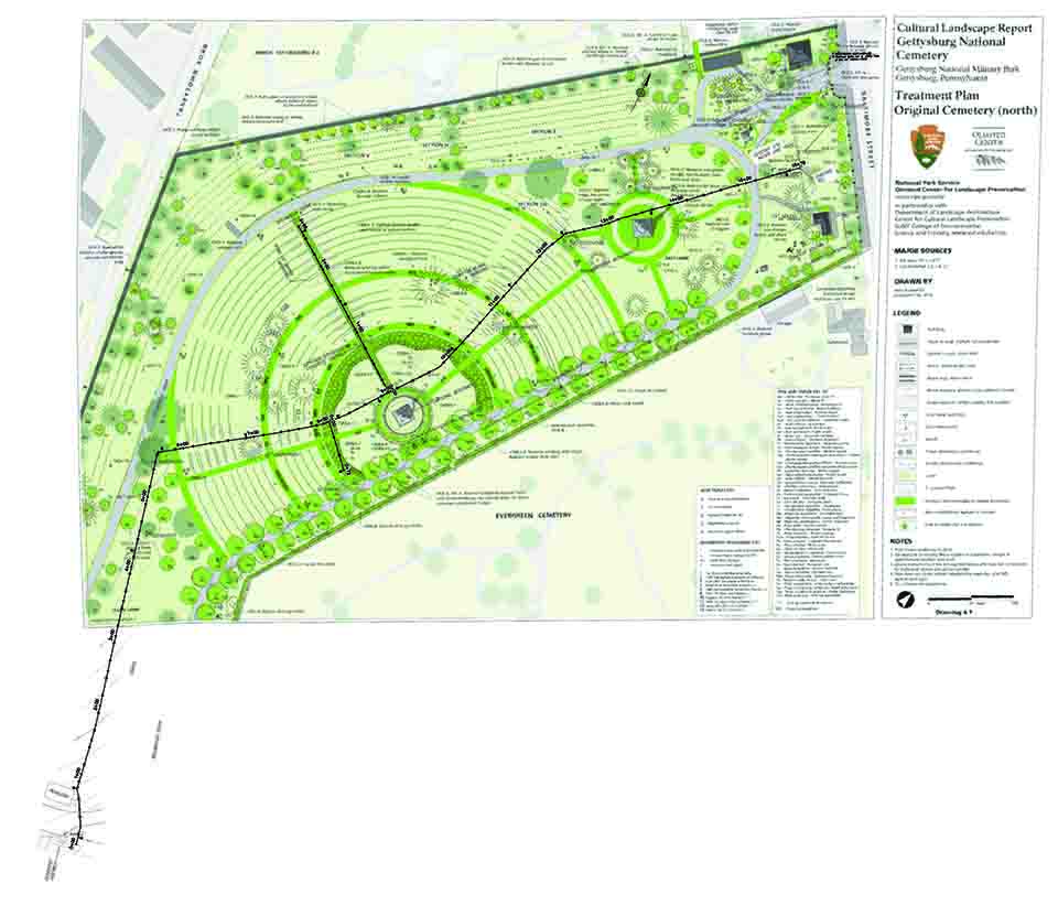 A map of the Gettysburg National Cemetery shows the new water line to be installed. A map of the Gettysburg National Cemetery shows the new water line to be installed.
