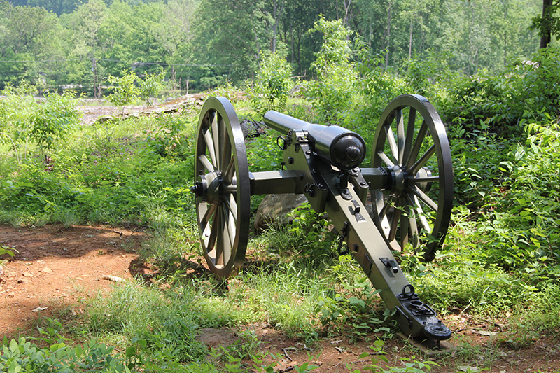 A Civil War cannon sits atop Powers Hill among underbrush.