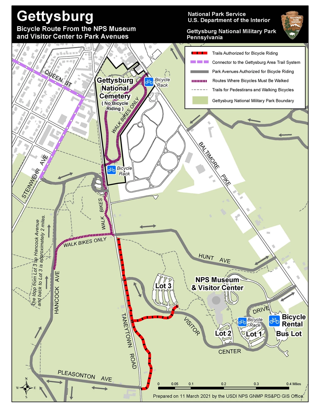 BikeRoute11MAR2021 Map showing bicycle route from Visitor Center to Park Avenues
