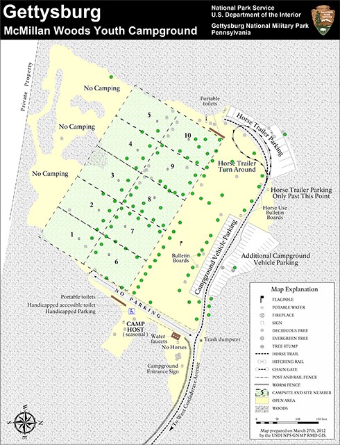 This map shows the camps and parking area around the McMillan Woods Youth Campground.