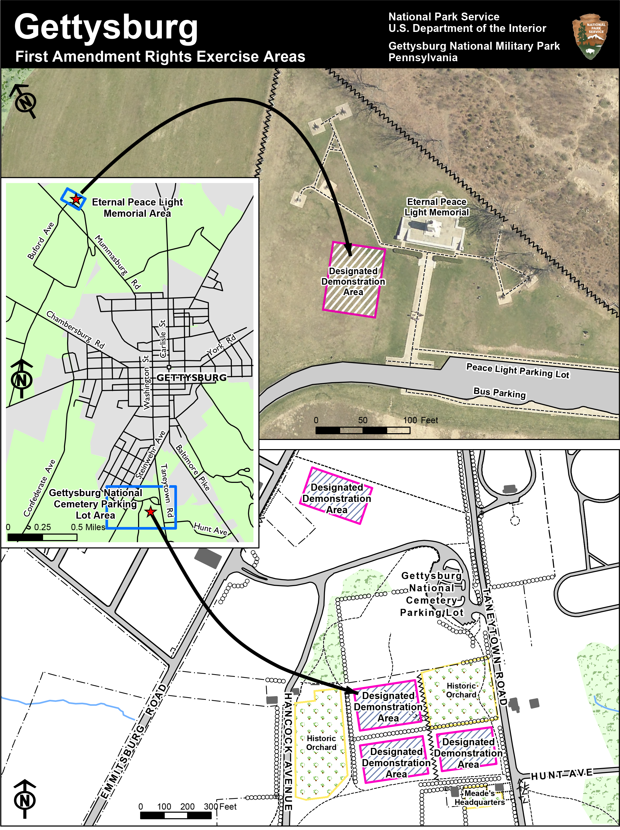 A map showing where the First Amendment areas are located at Gettysburg National Military Park.