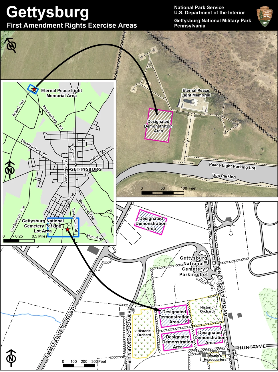 First Amendment areas at Gettysburg National Military Park. A map showing where the First Amendment areas are located at Gettysburg National Military Park.