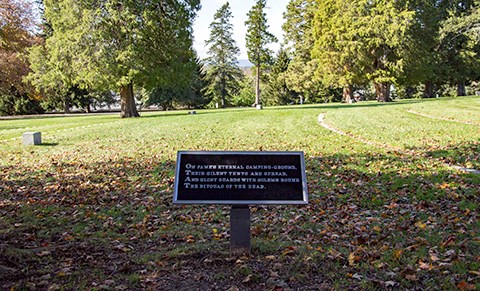 A part of the poem, Bivouac of the Dead, is on a bronze plaque and the cemetery stones are behind the plaque.