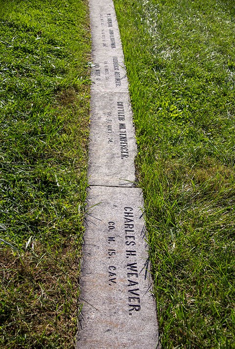 State section gravestones are nearly at ground level and include the soldier's name, rank, and unit.