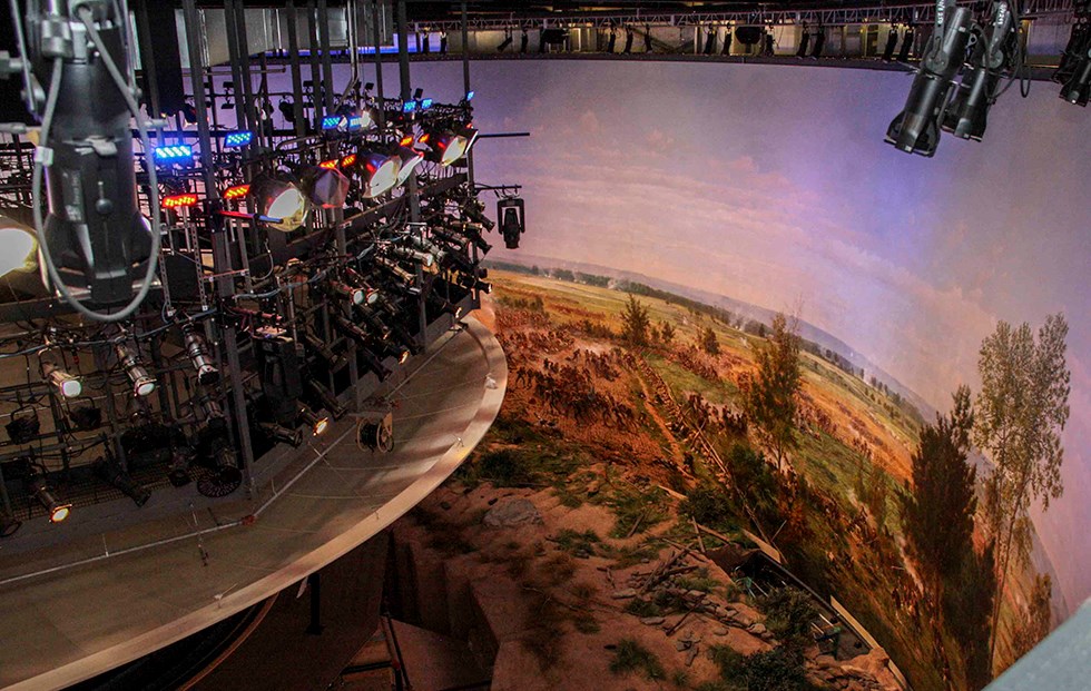 The Cyclorama painting as seen from above. Numerous colorful lights are above on the left, the painting curves around from right to left, and a large diorama is in the center.