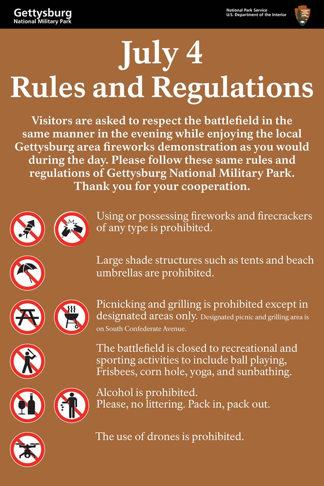 A brown sign with white text for July 4 Rules and Regulations. There are icons along the left side that describe what isn't allowed.