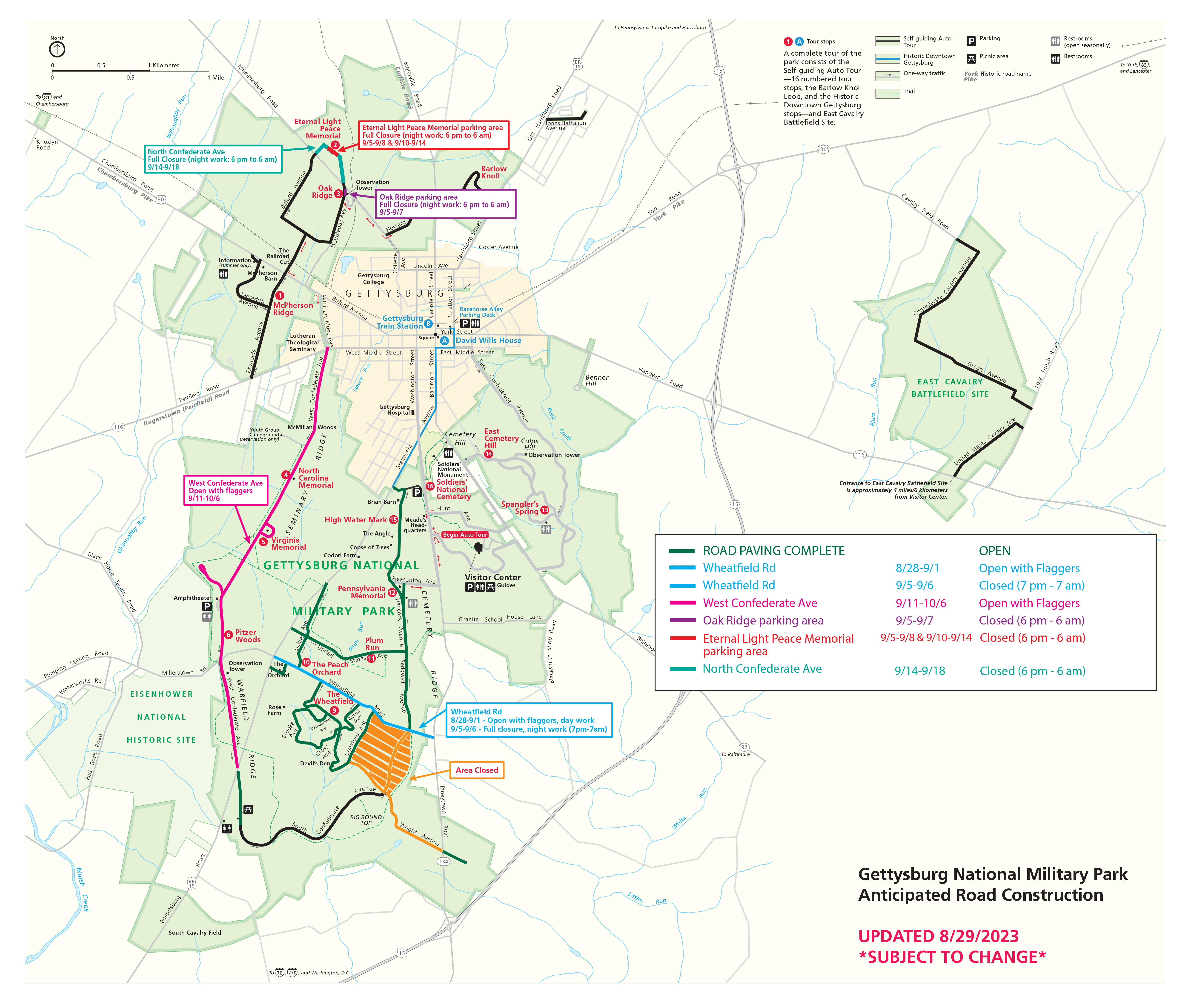 Gettysburg NMP paving map. A color map of the Gettysburg battlefield. Roads are labeled in black, orange, green, pink, red, blue, and aqua.
