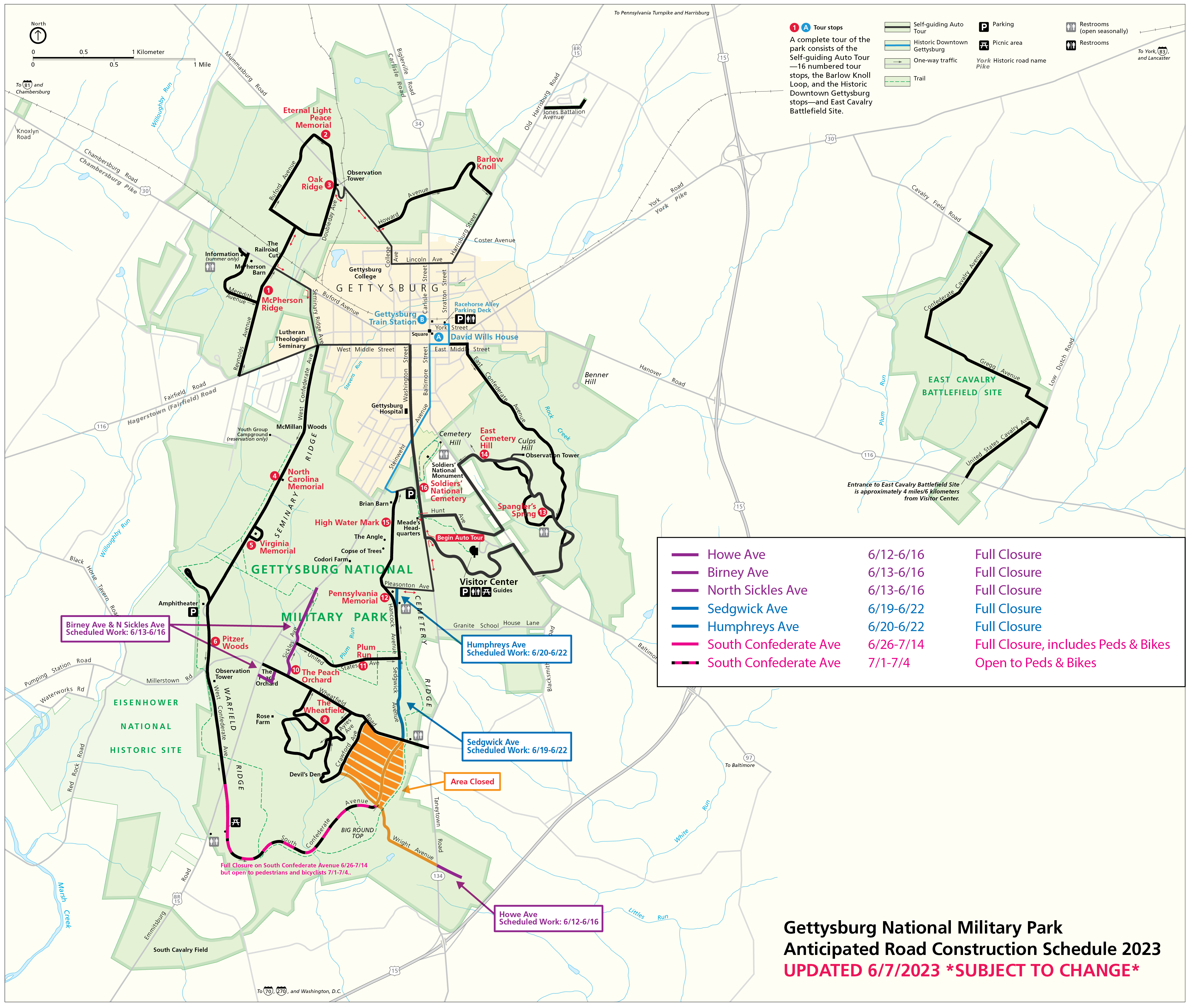 A color map of the Gettysburg battlefield. Black lines represent roads that won't be paved while pink, purple, and blue lines represent roads that will be paved during the month of June, 2023.