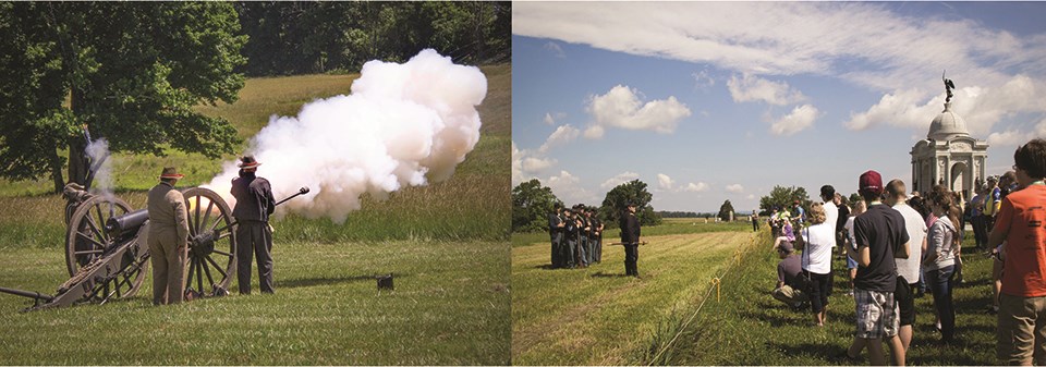 Two pictures show living historians portraying a Confederate artillery unit (left) and a Union infantry unit (right). Two pictures show living historians portraying a Confederate artillery unit (left) and a Union infantry unit (right).