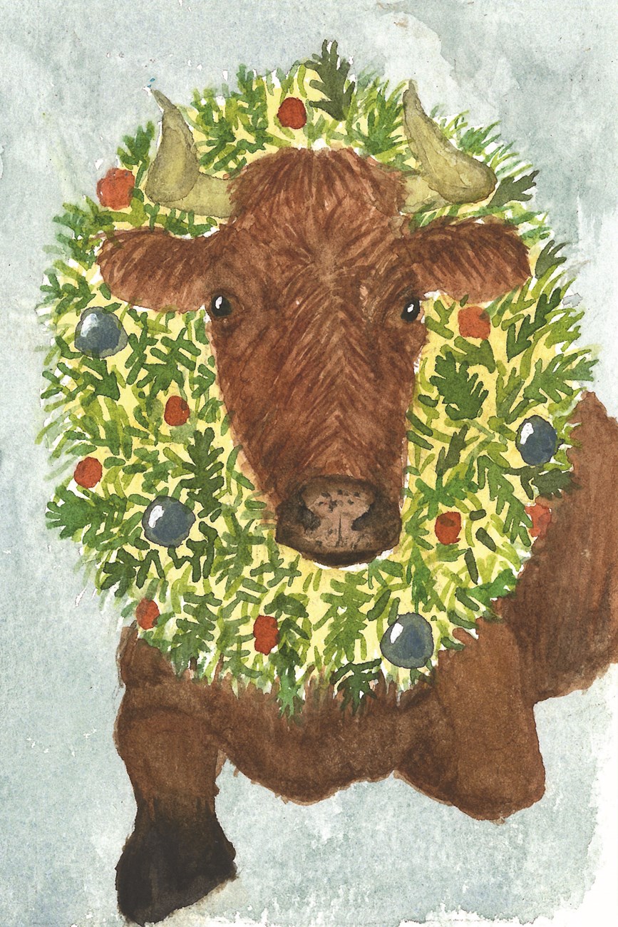 Cowwood Wreath Postcard a watercolor painting of a cow with a boxwoord wreath around its neck.