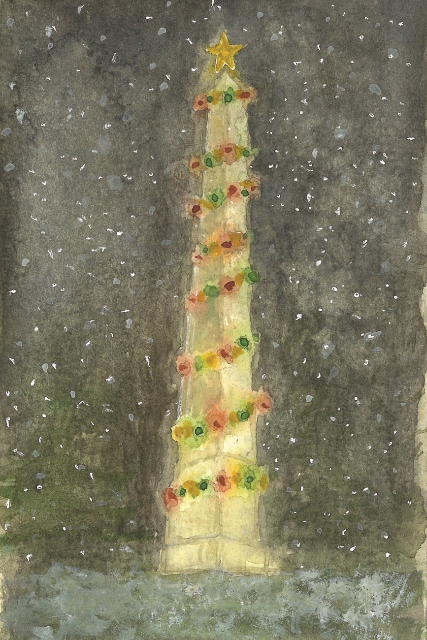 Festive Monument Postcard A watercolor painting of the George Washington Birthplace Monument with christmas lights