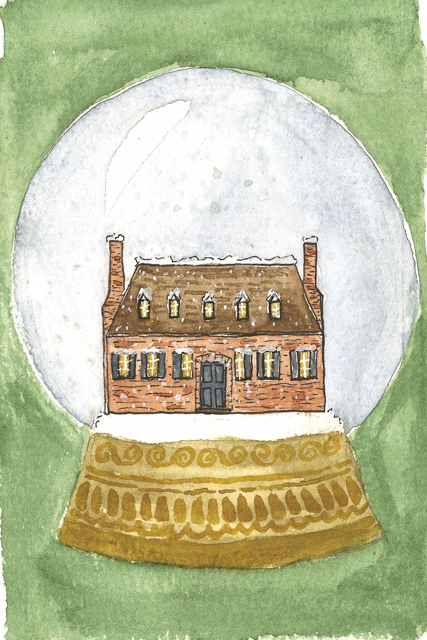 Memorial Snowglobe postcard A watercolor painting of a red brick building inside a snowglobe
